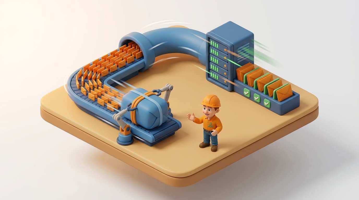 Mail sorting facility bundling hundreds of requests into one efficient package