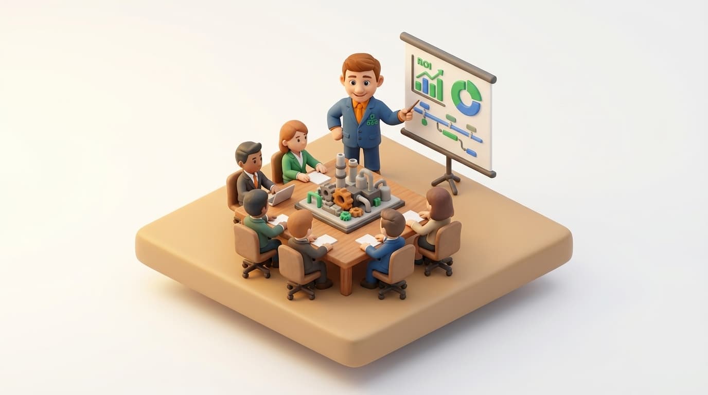 Boardroom presentation with ROI charts and industrial plant model