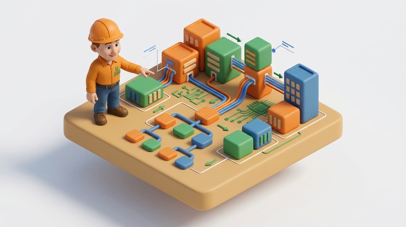 Sharp PI hero illustration for Automating PI AF Analysis Backfill: A Comprehensive AF SDK Guide in technical editorial style, showing connected building blocks and node hierarchy diagram.