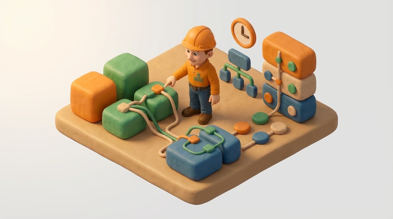 Sharp PI hero illustration for Optimize PI ACE: Mastering PrevEvent, PrevVal, ExeTime & Stale Data in technical editorial style, showing connected building blocks and node hierarchy diagram.