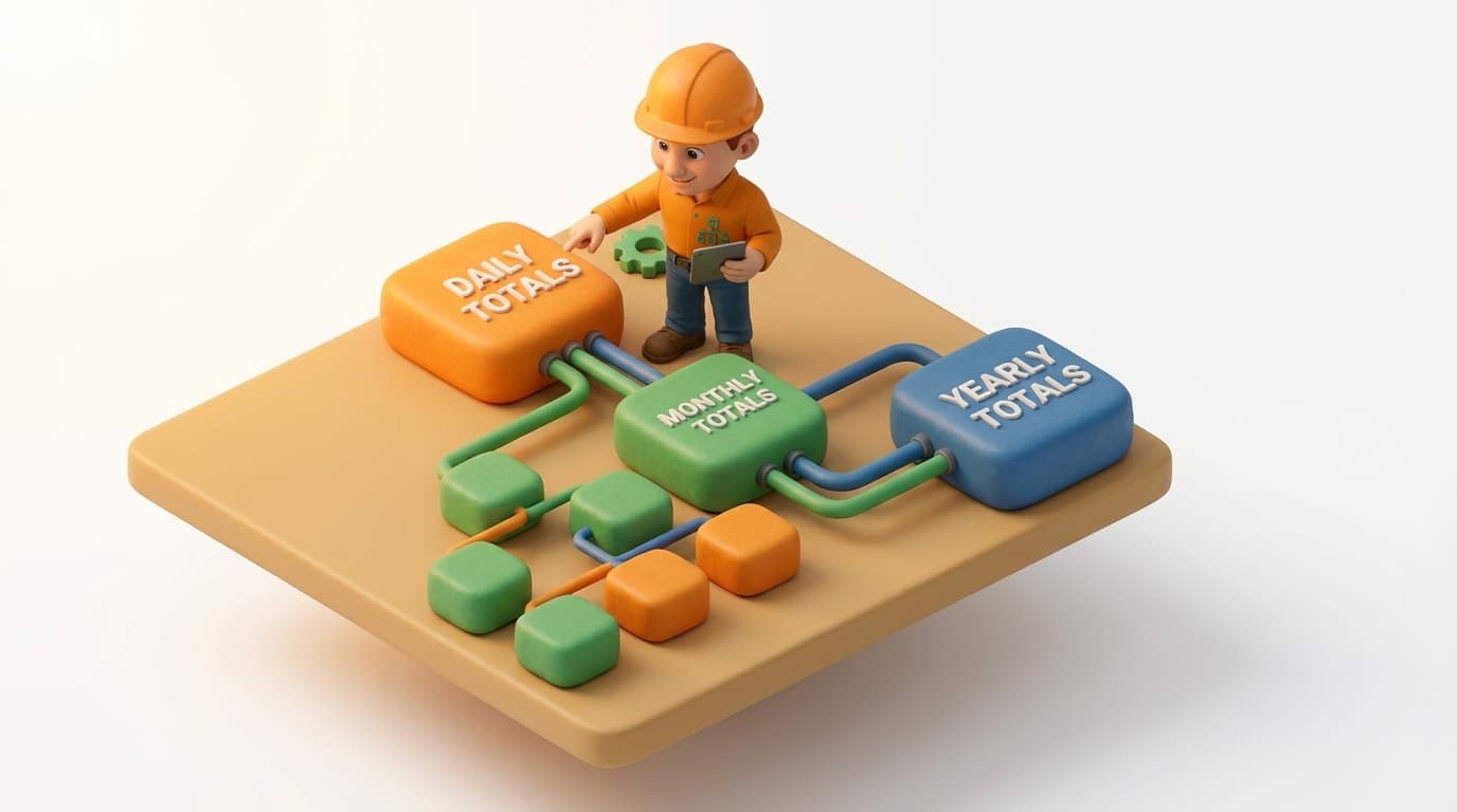 Sharp PI hero illustration for Optimizing Daily, Monthly & Yearly Totals in PI AF Analytics in technical editorial style, showing connected building blocks and node hierarchy diagram.