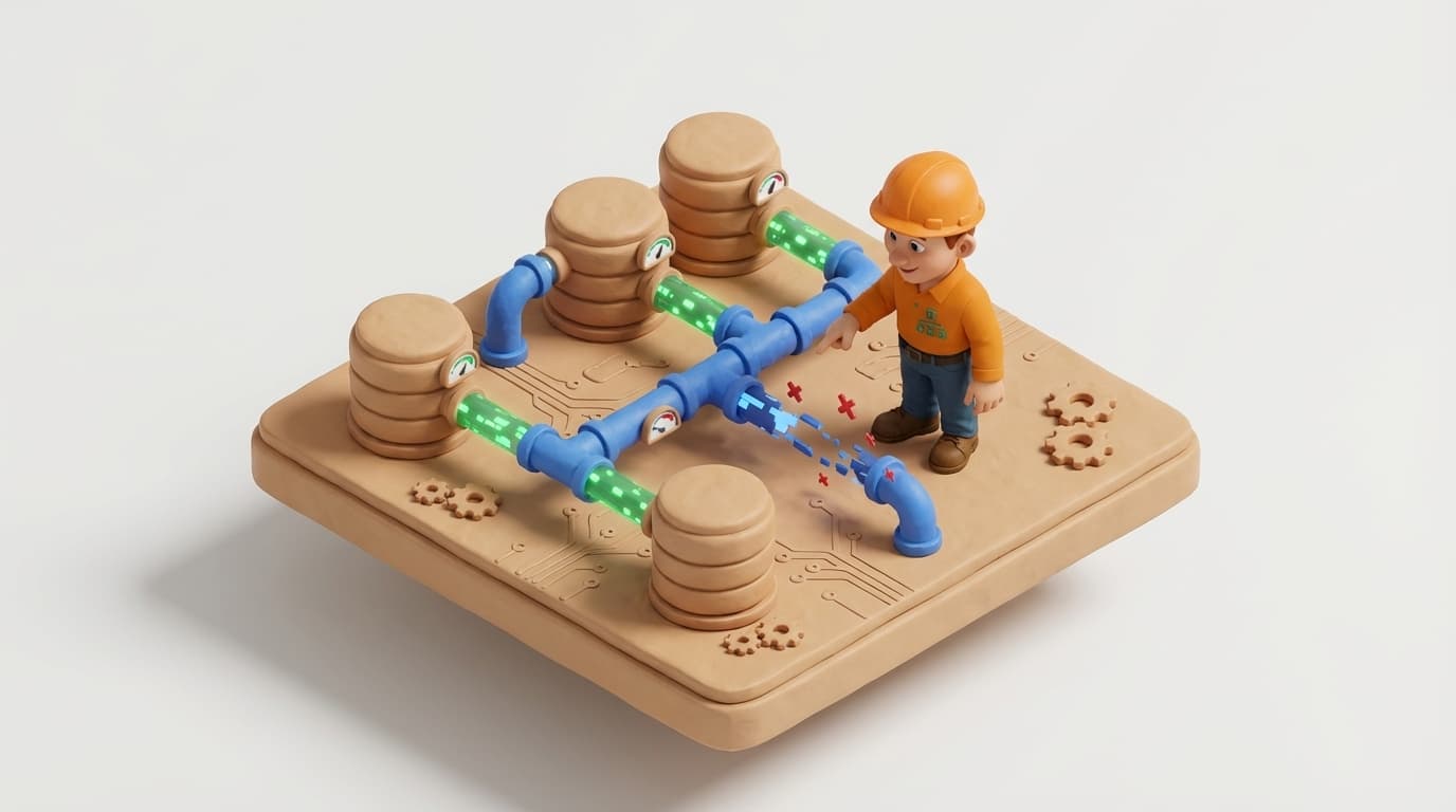 Sharp PI hero illustration for PI Interface for OPC DA: Decoding "Bad (Out of Service)" Data Quality in troubleshooting style, showing data storage tanks with flow meters and streaming data pipes.