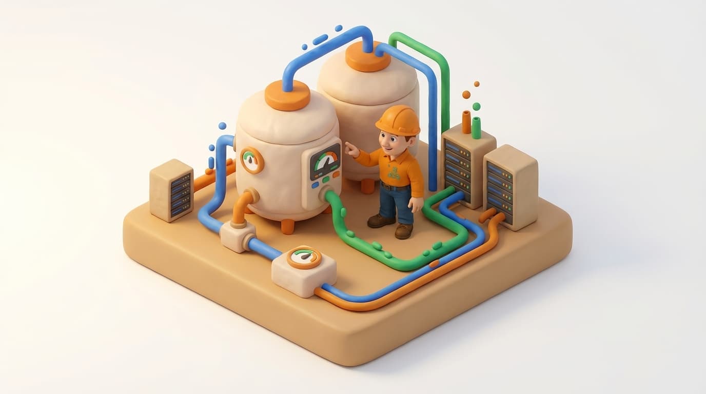 Sharp PI hero illustration for PI Point Span & Zero: Unpacking Their True Impact on Data Storage and Display in technical editorial style, showing data storage tanks with flow meters and streaming data pipes.