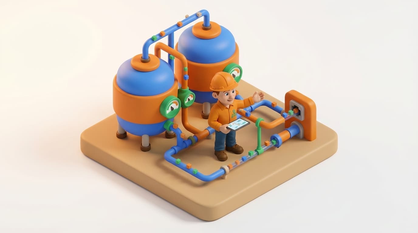 Sharp PI hero illustration for PI SQL Client ODBC: Your Gateway to SQL Access for PI System Data in technical editorial style, showing data storage tanks with flow meters and streaming data pipes.