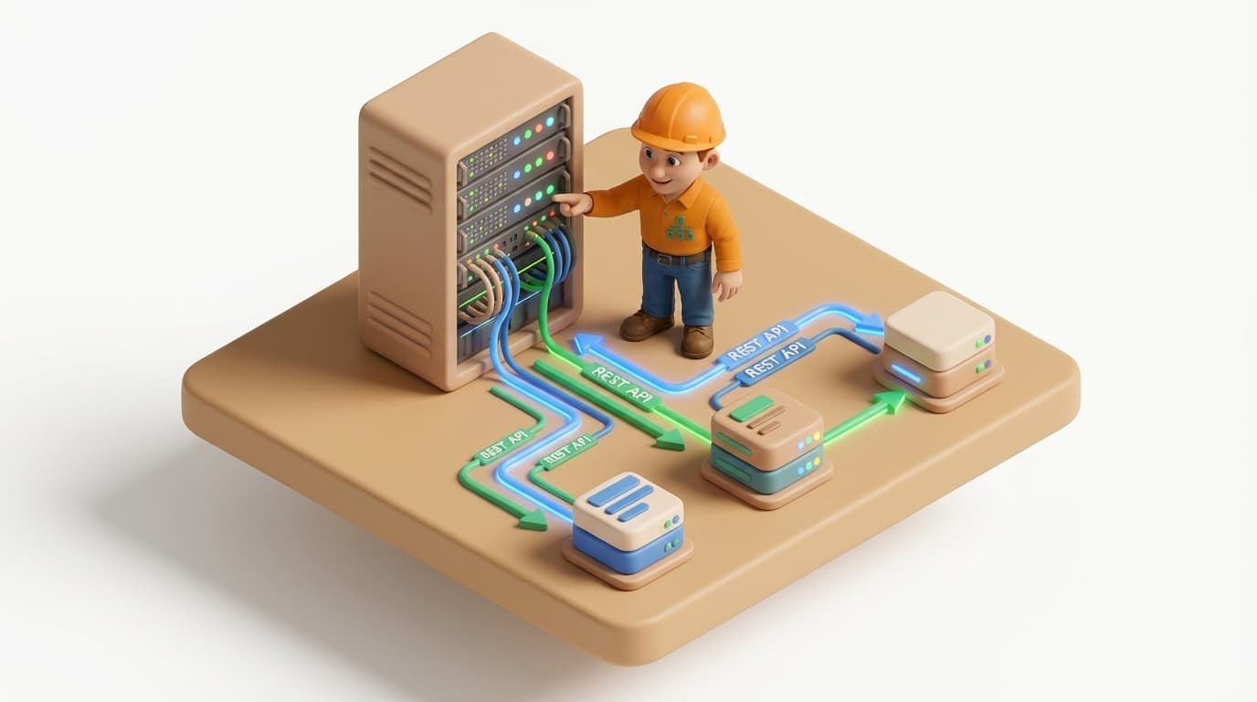 Sharp PI hero illustration for Python & PI System: Bridging Operational Data for Machine Learning in technical editorial style, showing server rack with REST API endpoint arrows and data pipes.