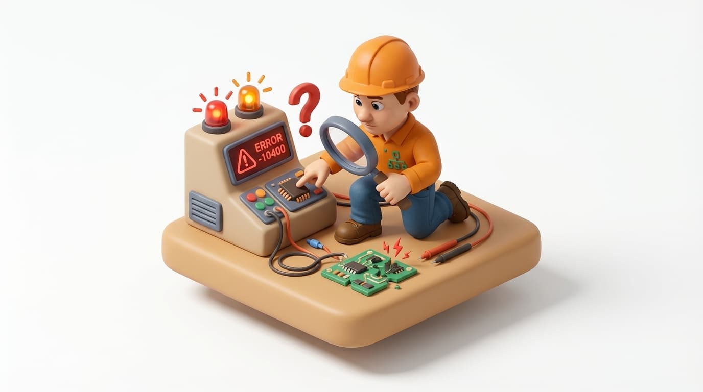 Sharp PI hero illustration for Troubleshooting PI OPC DA Interface: Resolving Error -10400 in troubleshooting style, showing control panel with warning signs, magnifying glass, and error screen.