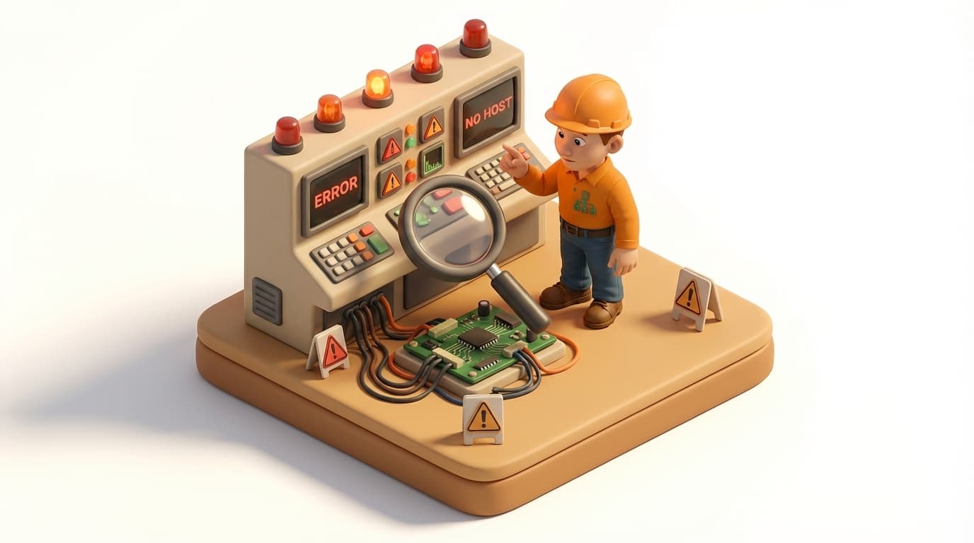 Sharp PI hero illustration for Troubleshooting PISDKUtility: Resolving 'No Such Host Is Known' in troubleshooting style, showing control panel with warning signs, magnifying glass, and error screen.
